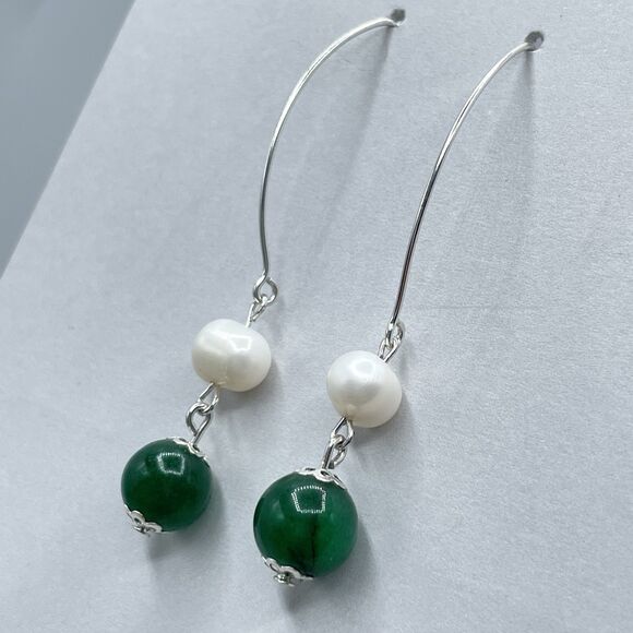 925 Sterling Silver Genuine Emerald Green Gemstone Pearl Dangle Hoop Earrings - Picture 2 of 10